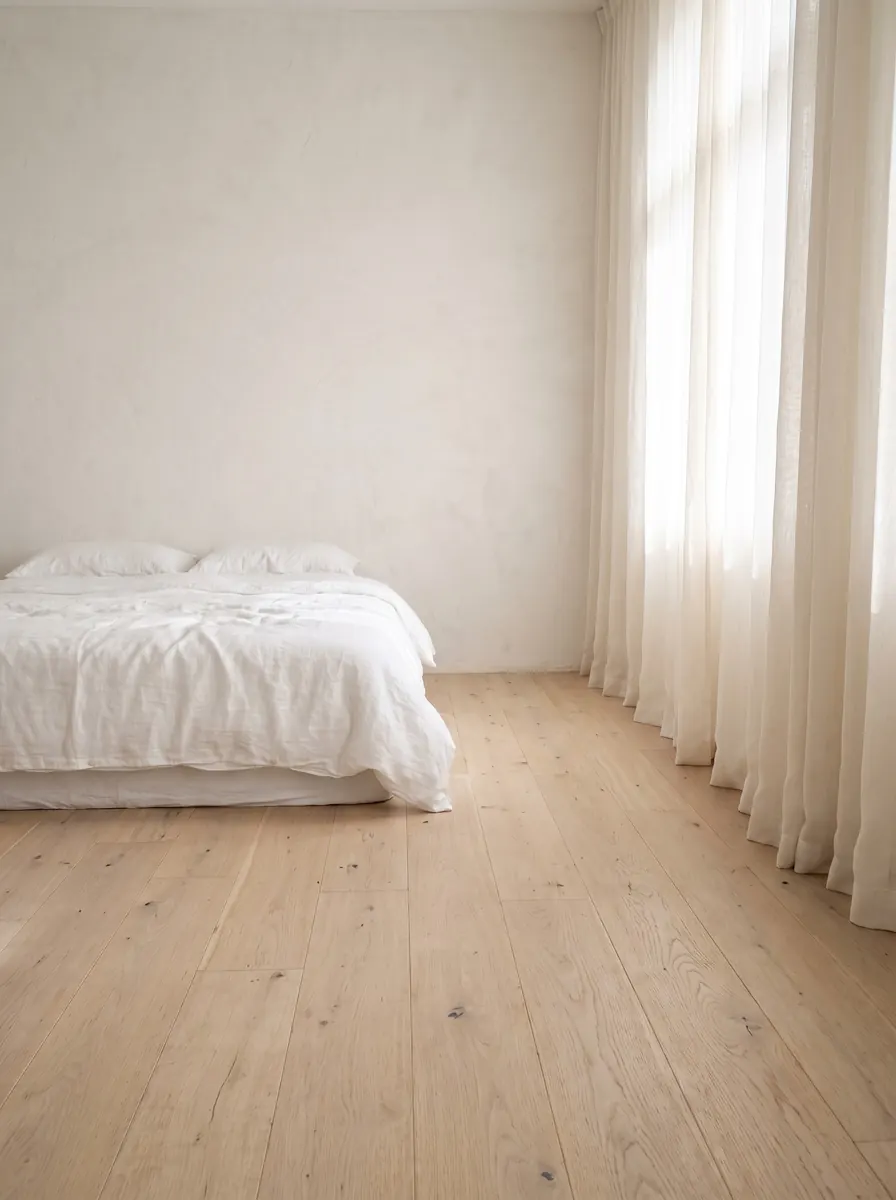 Bright bedroom with a white linen bed, a pale wooden floor and sheer curtains in morning light