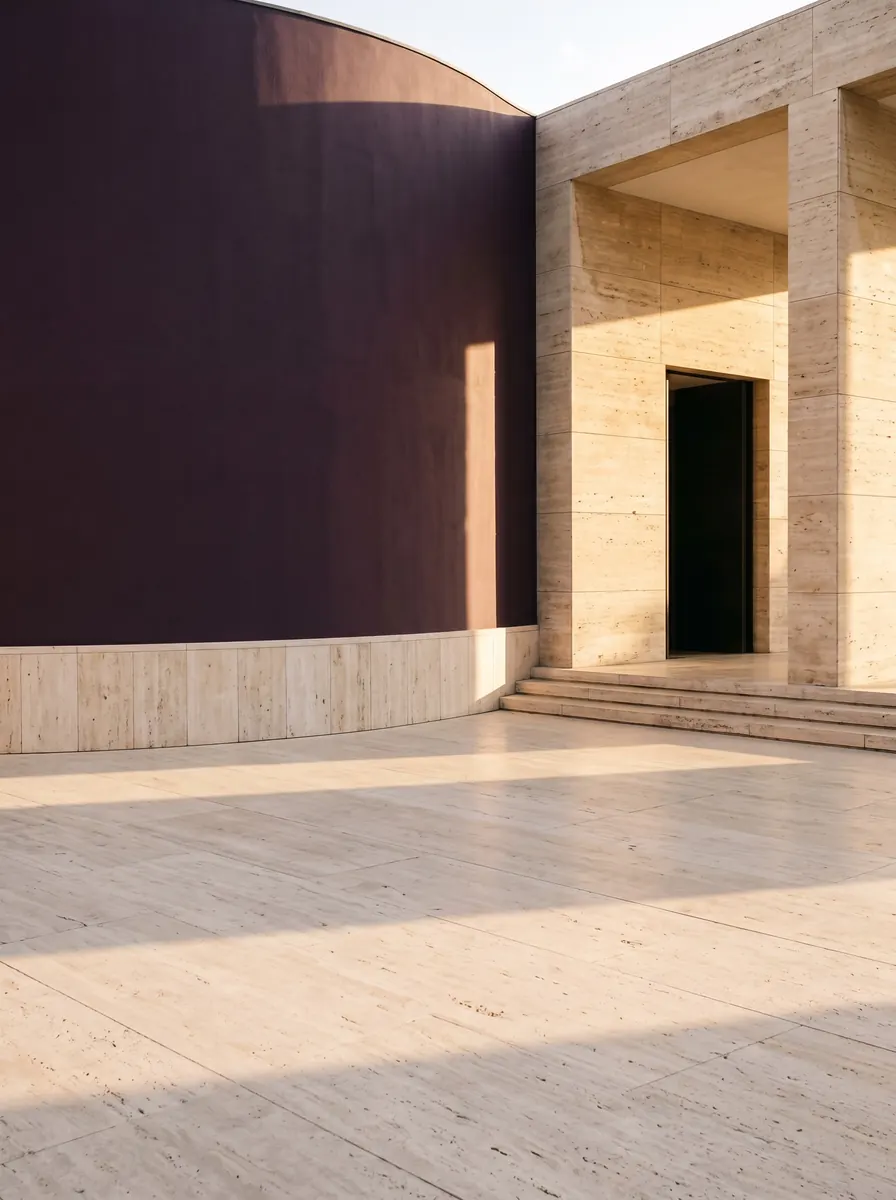 Sunlit travertine courtyard with a tall curved aubergine wall, stone pillars, shallow steps and a dark doorway