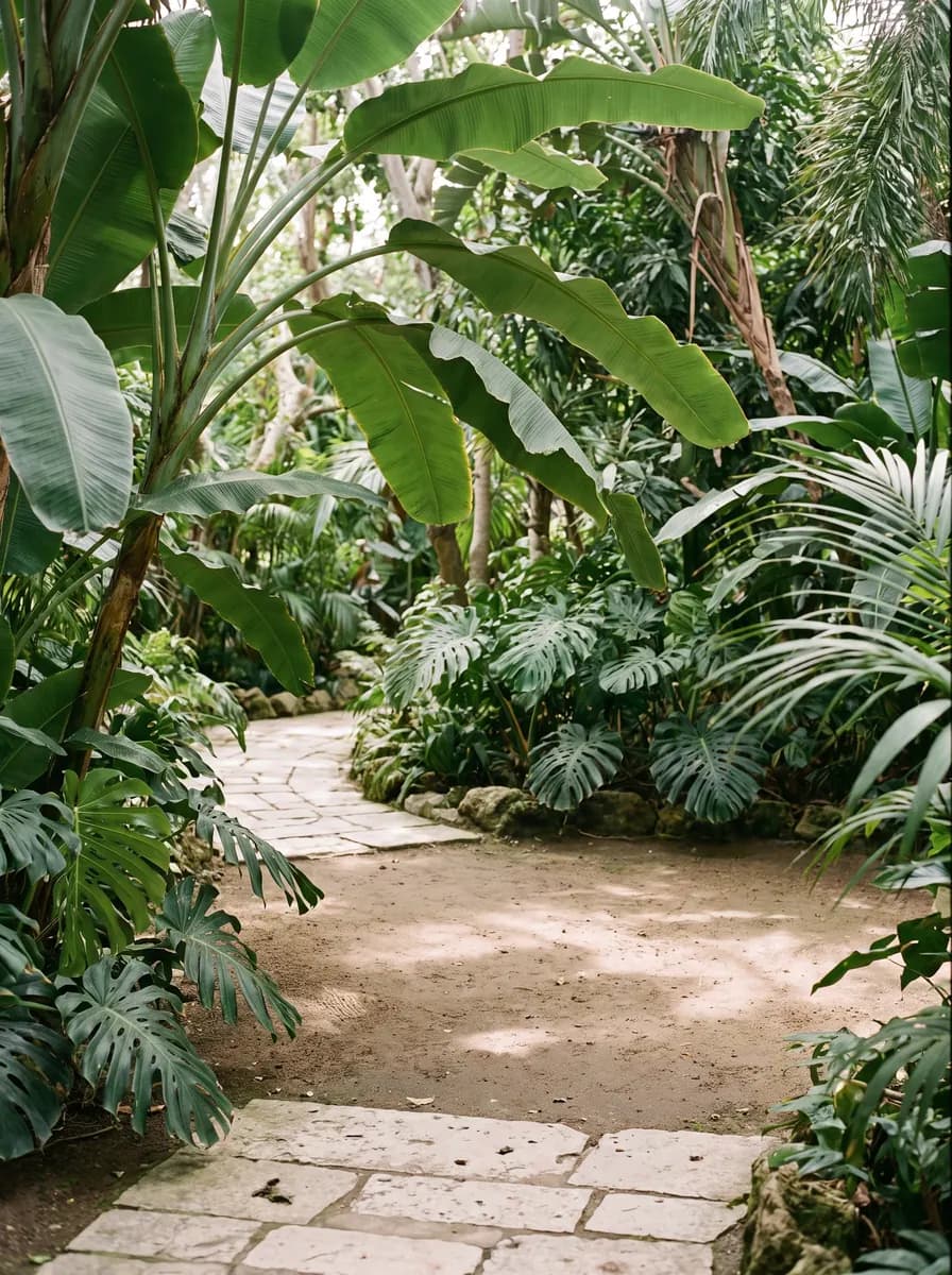 Lush tropical garden with banana leaves, monstera and a pale stone path