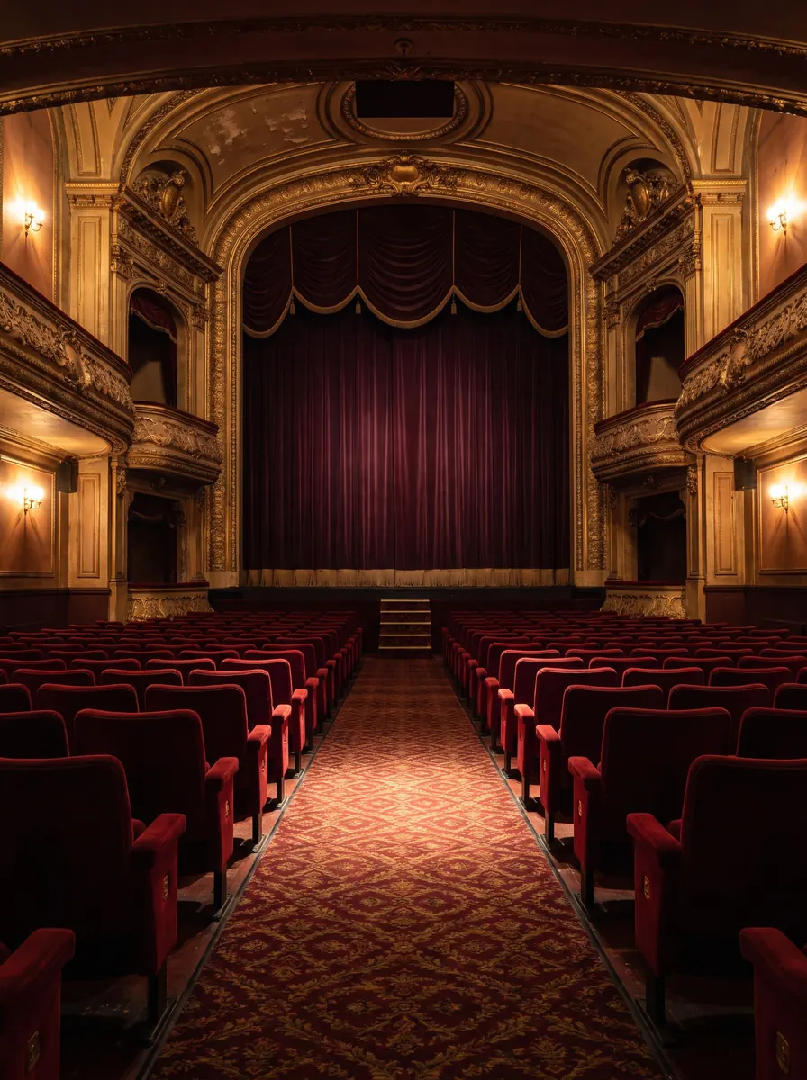 Old picture house with red velvet seats, gilded balconies and a red stage curtain