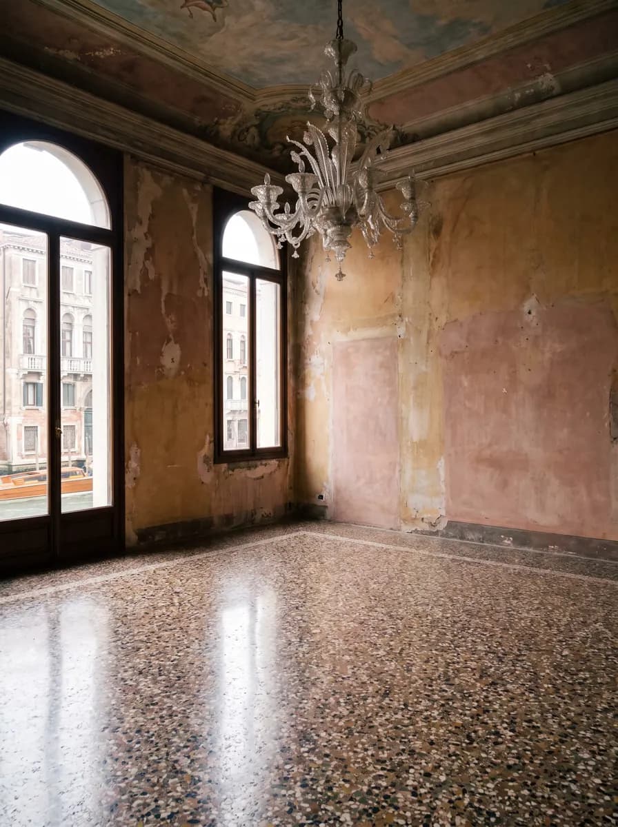 A palazzo room with timeworn plaster, a terrazzo floor, a glass chandelier and arched windows onto a canal