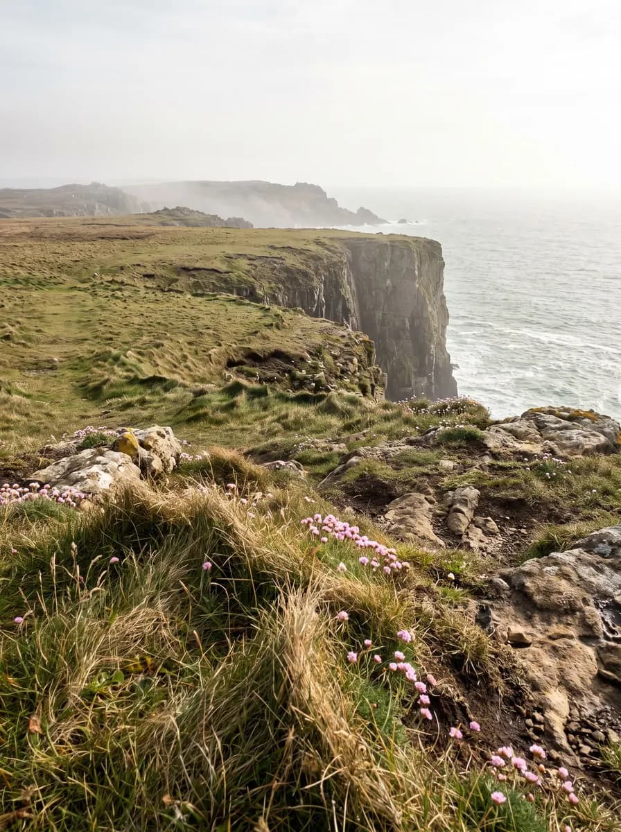 Grassy clifftops with pink sea thrift above a misty sea