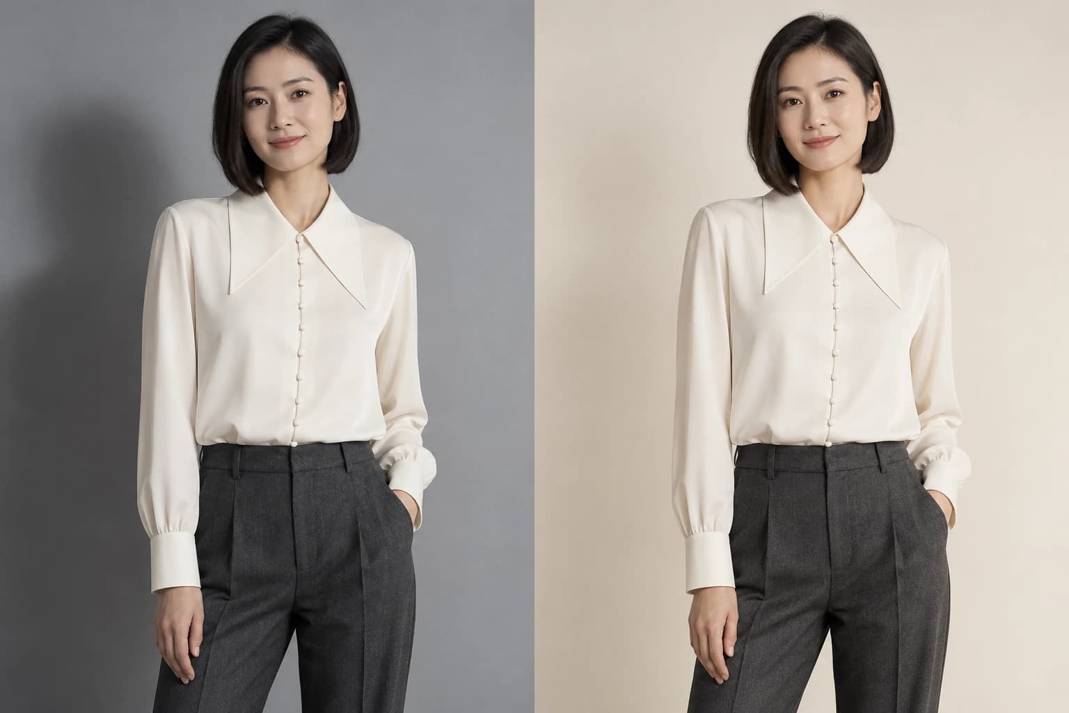 Editing study: the same model in an ivory blouse, first against cool grey with a defined shadow, then in warm ivory with softer light.