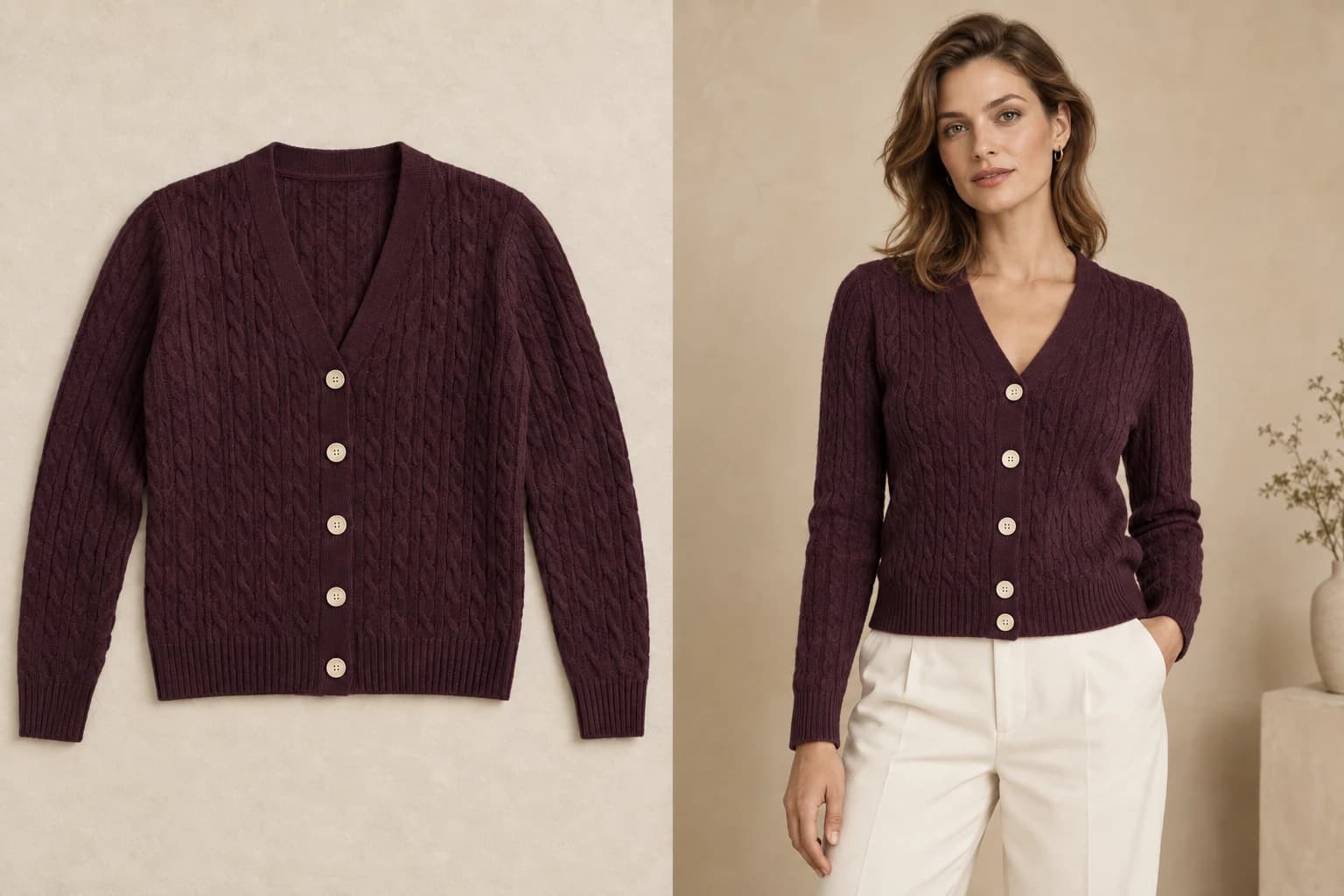 Flat-lay study: an aubergine cable-knit cardigan with cream buttons laid out on a neutral surface, alongside a model wearing the cardigan.