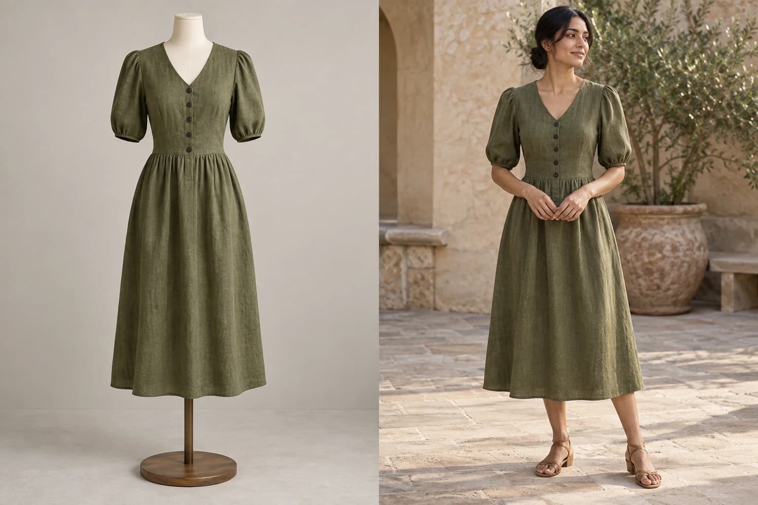Mannequin study: an olive linen dress on an ivory dress form beside a model wearing the dress in a sunlit stone courtyard.