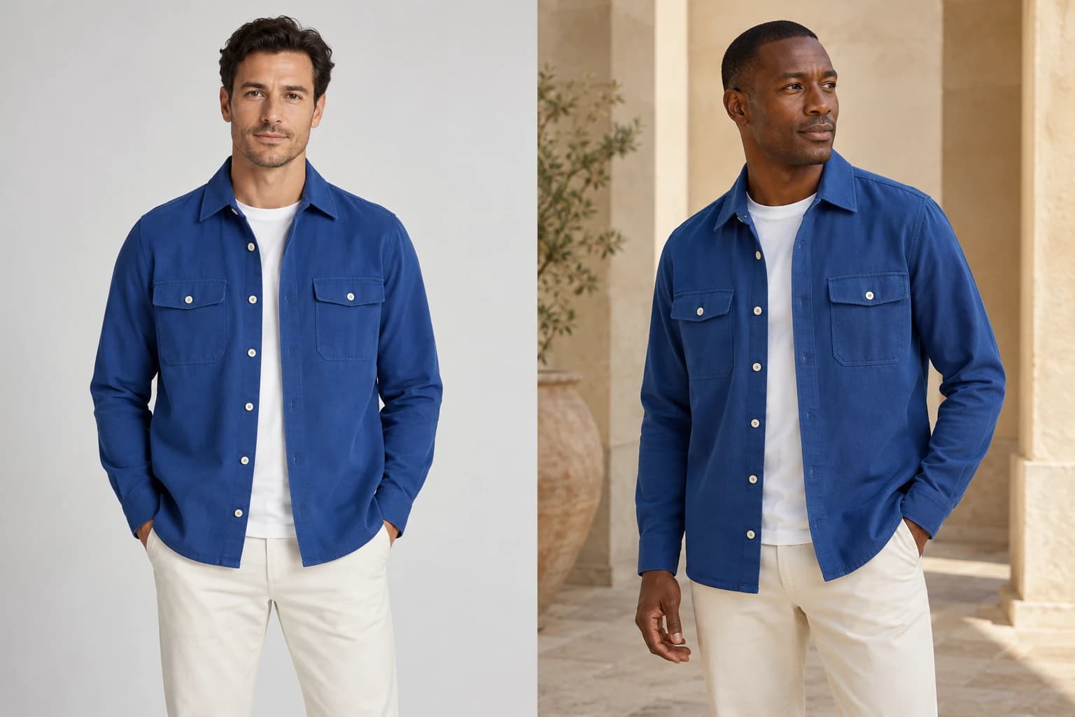 Reshoot study: a cobalt overshirt on one model in a plain studio, then on a different model in a warm architectural setting.