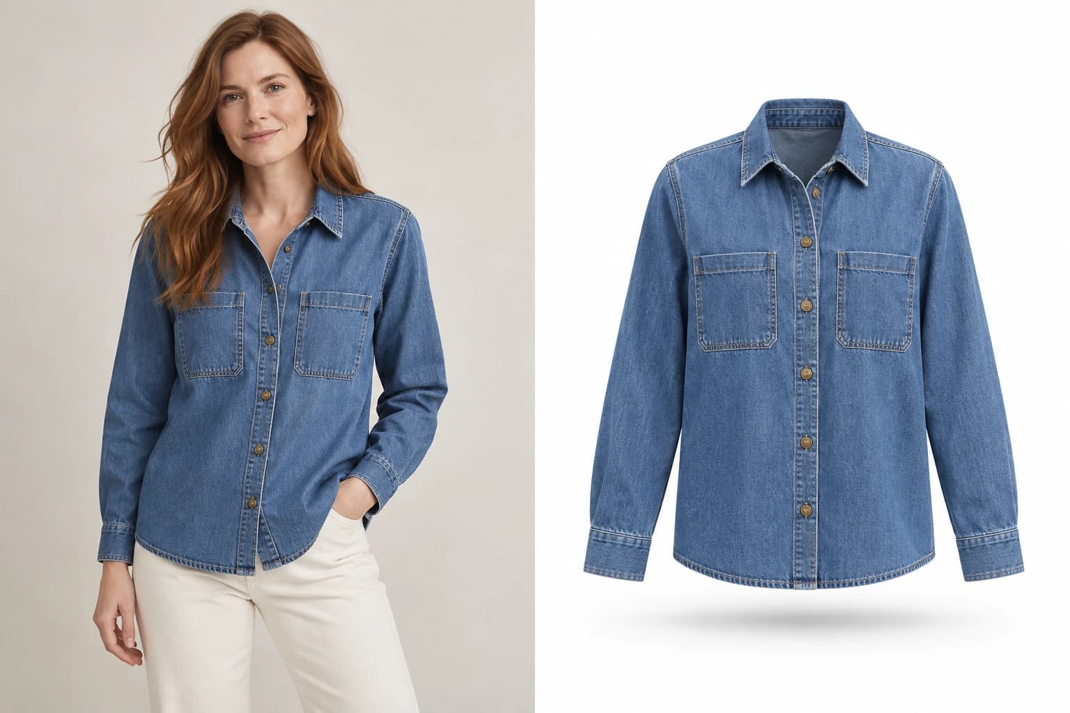 Packshot study: a blue denim shirt worn by a model, alongside the shirt alone in a floating presentation on white.