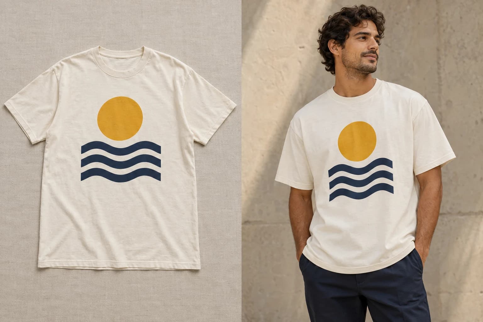 Print-on-demand study: an ivory tee with a yellow sun and navy wave graphic laid flat, alongside a model wearing the printed tee.