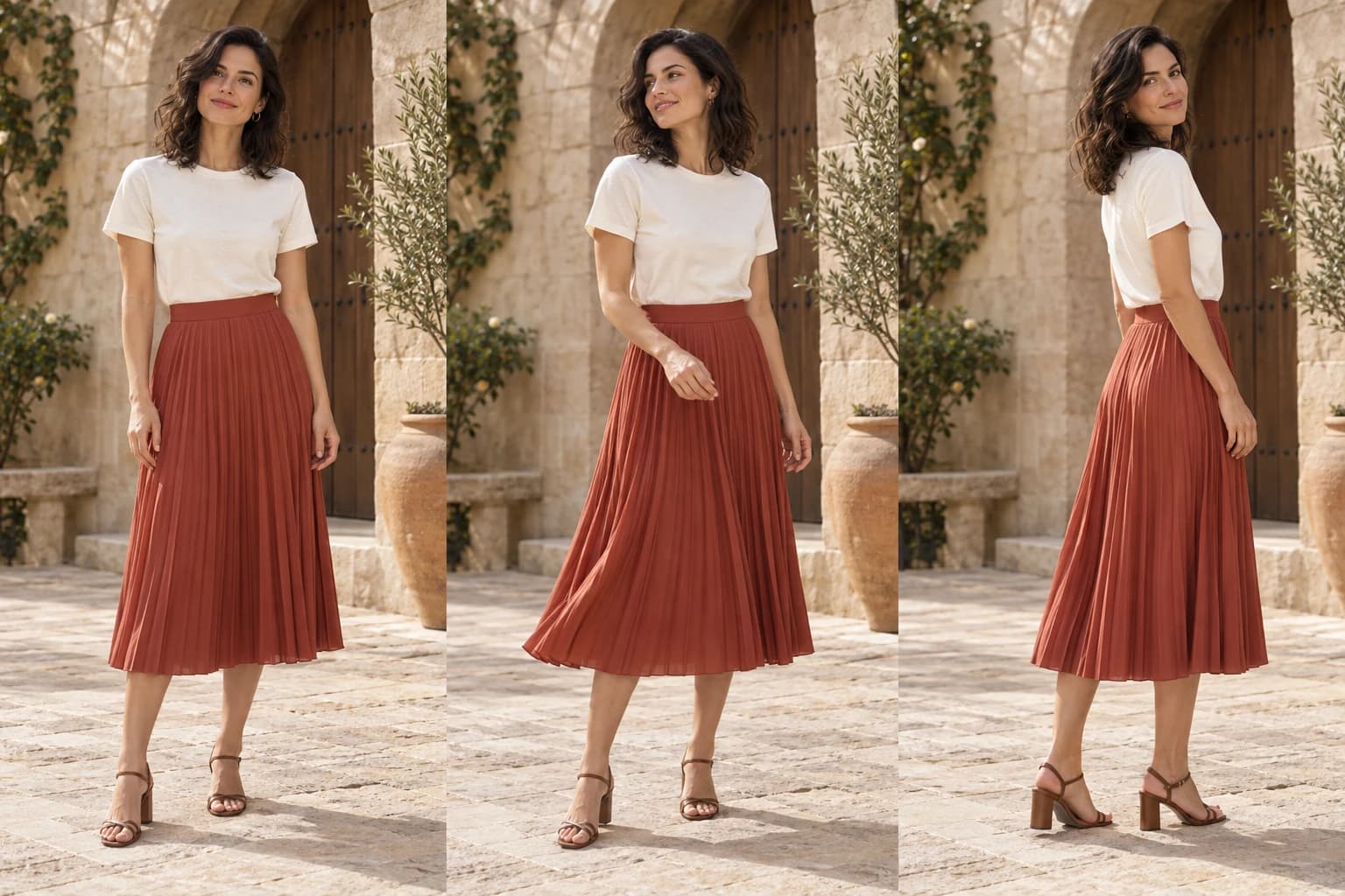 Three-frame motion storyboard of a model in a terracotta pleated skirt making a gentle turn in a stone courtyard.